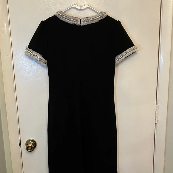 Betsey Johnson Elegant Black Midi Dress with Silver Accents pearl, rhinestone . - Picture 7 of 15